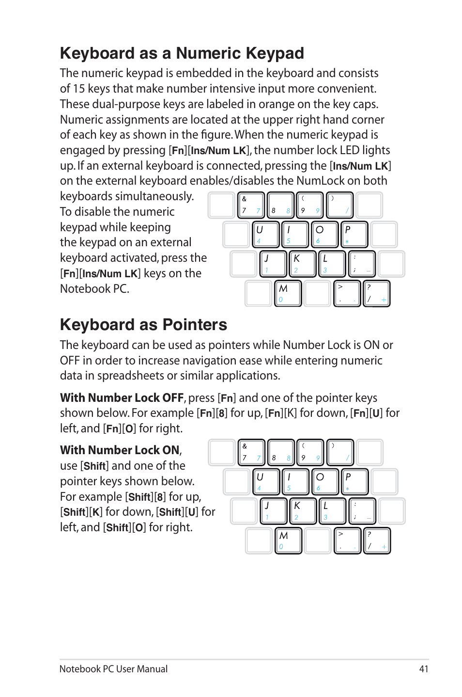 Keyboard as a numeric keypad, Keyboard as pointers | Asus X4MSG User Manual | Page 41 / 100