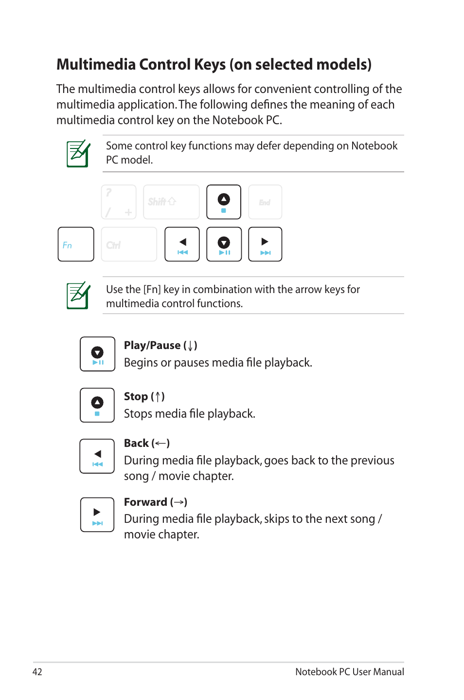 Multimedia control keys (on selected models) | Asus X4MSG User Manual | Page 42 / 100