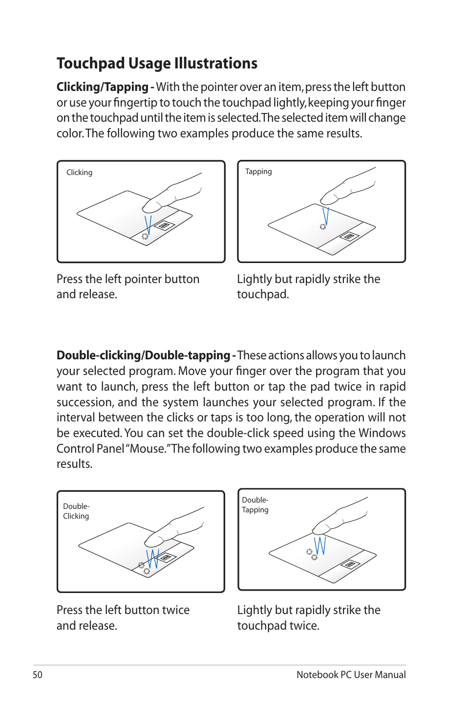 Touchpad usage illustrations | Asus X4MSG User Manual | Page 50 / 100