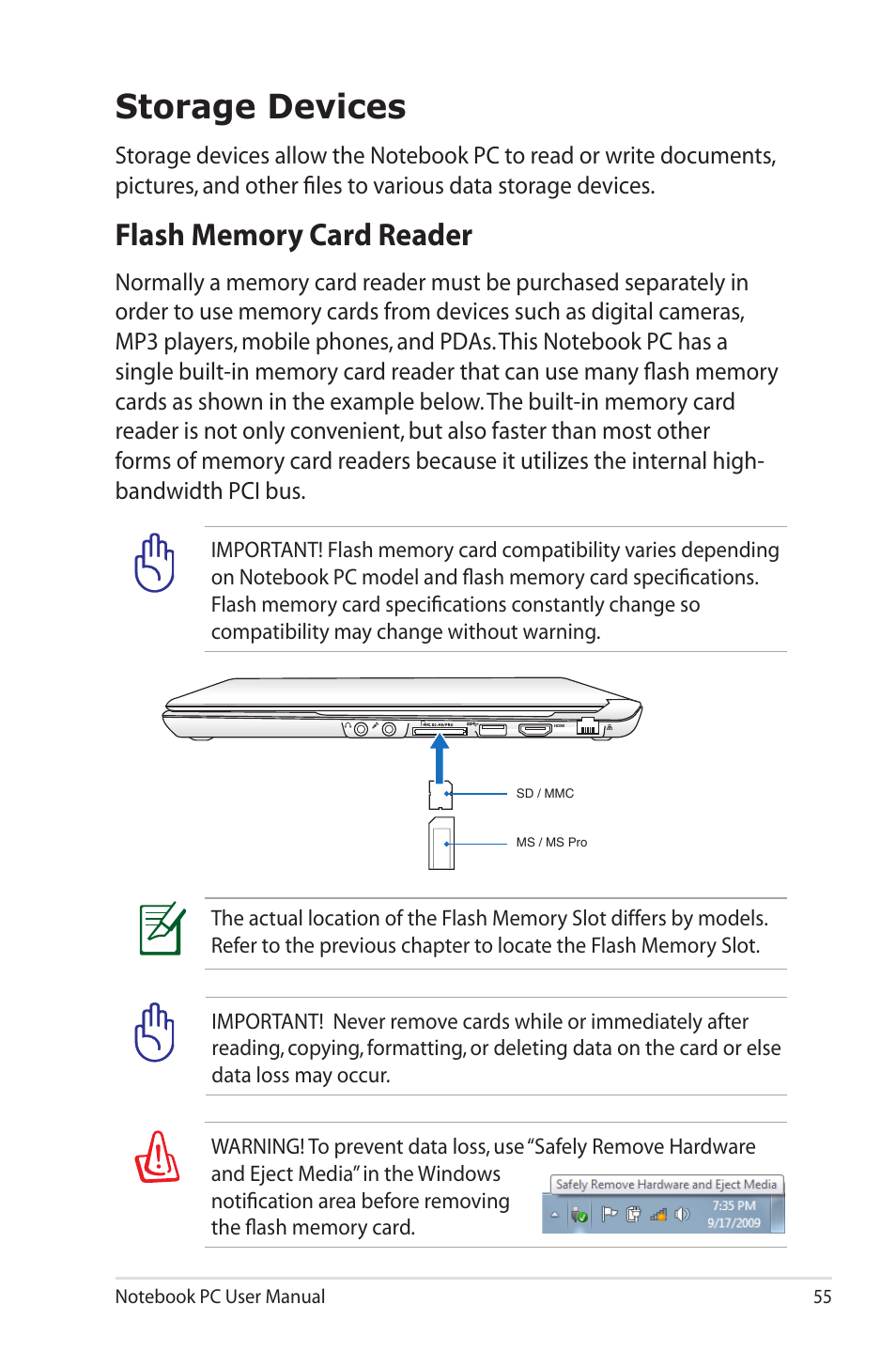 Storage devices, Flash memory card reader | Asus X4MSG User Manual | Page 55 / 100