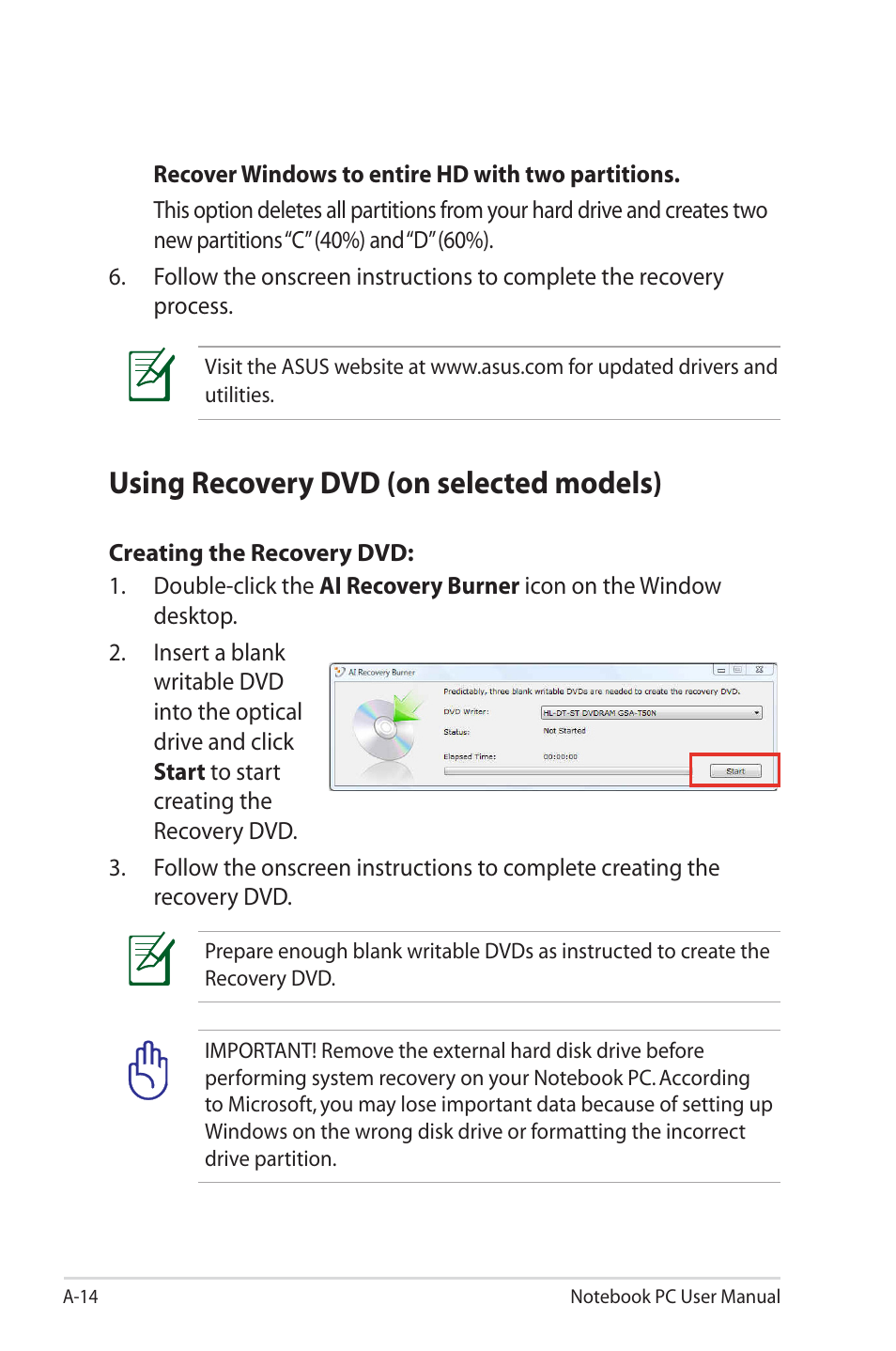 Using recovery dvd (on selected models) | Asus X4MSG User Manual | Page 80 / 100