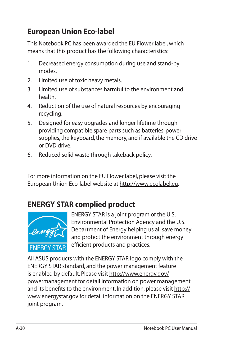 European union eco-label, Energy star complied product | Asus X4MSG User Manual | Page 96 / 100