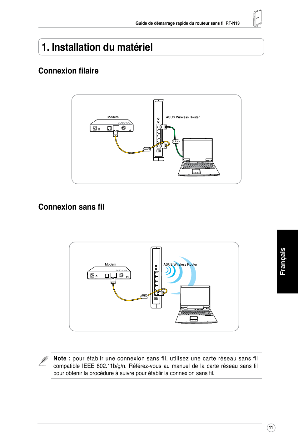 Installation du matériel, Connexion filaire connexion sans fil | Asus RT-N13 User Manual | Page 13 / 65