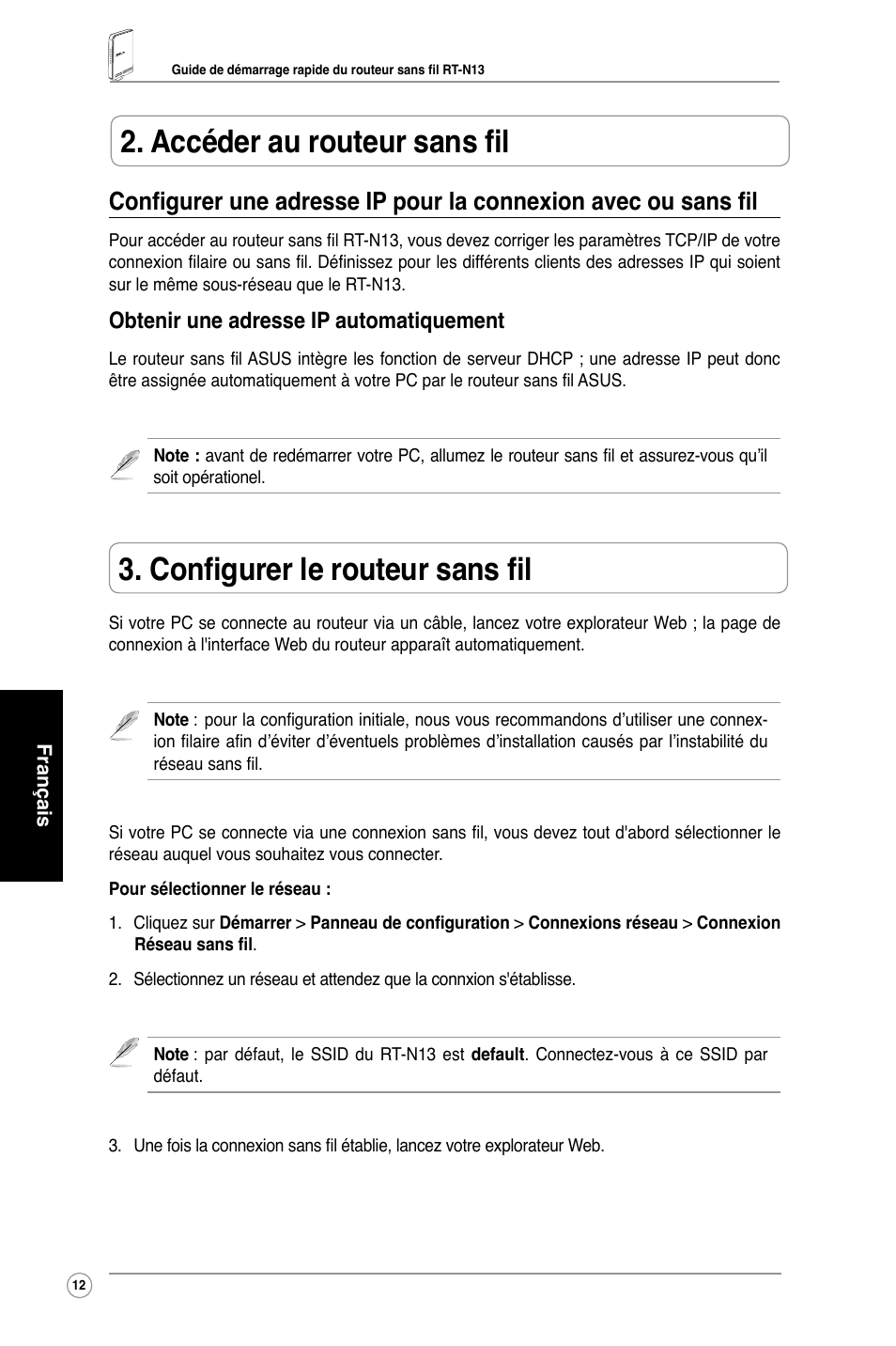 Configurer le routeur sans fil, Accéder au routeur sans fil, Obtenir une adresse ip automatiquement | Asus RT-N13 User Manual | Page 14 / 65