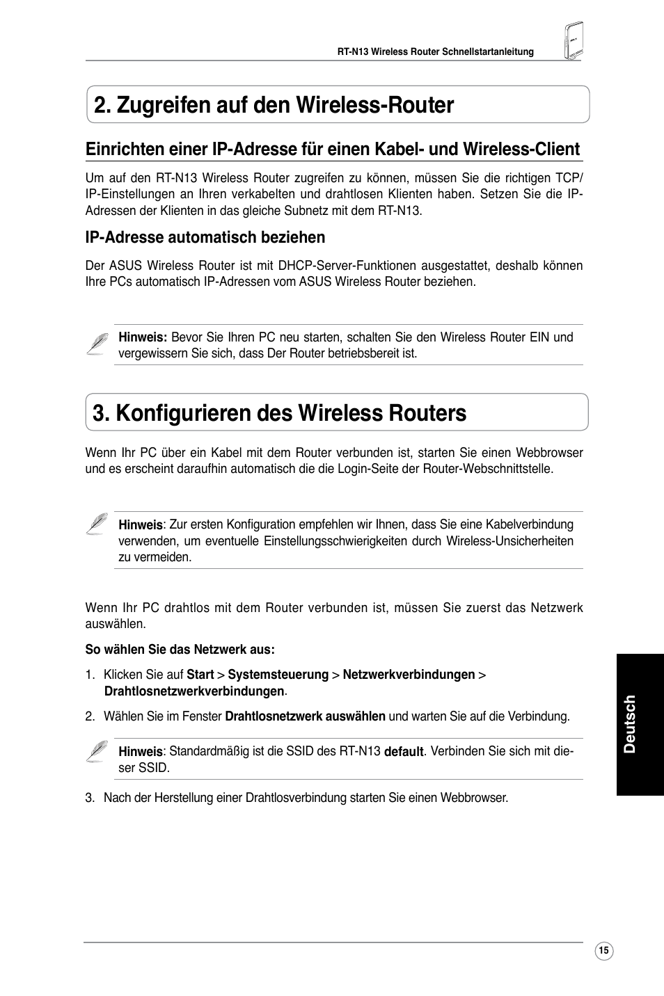 Zugreifen auf den wireless-router, Konfigurieren des wireless routers, Ip-adresse automatisch beziehen | Asus RT-N13 User Manual | Page 17 / 65