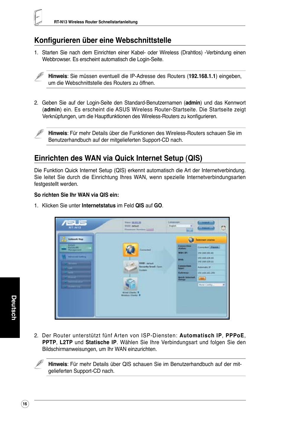 Konfigurieren über eine webschnittstelle, Einrichten des wan via quick internet setup (qis) | Asus RT-N13 User Manual | Page 18 / 65