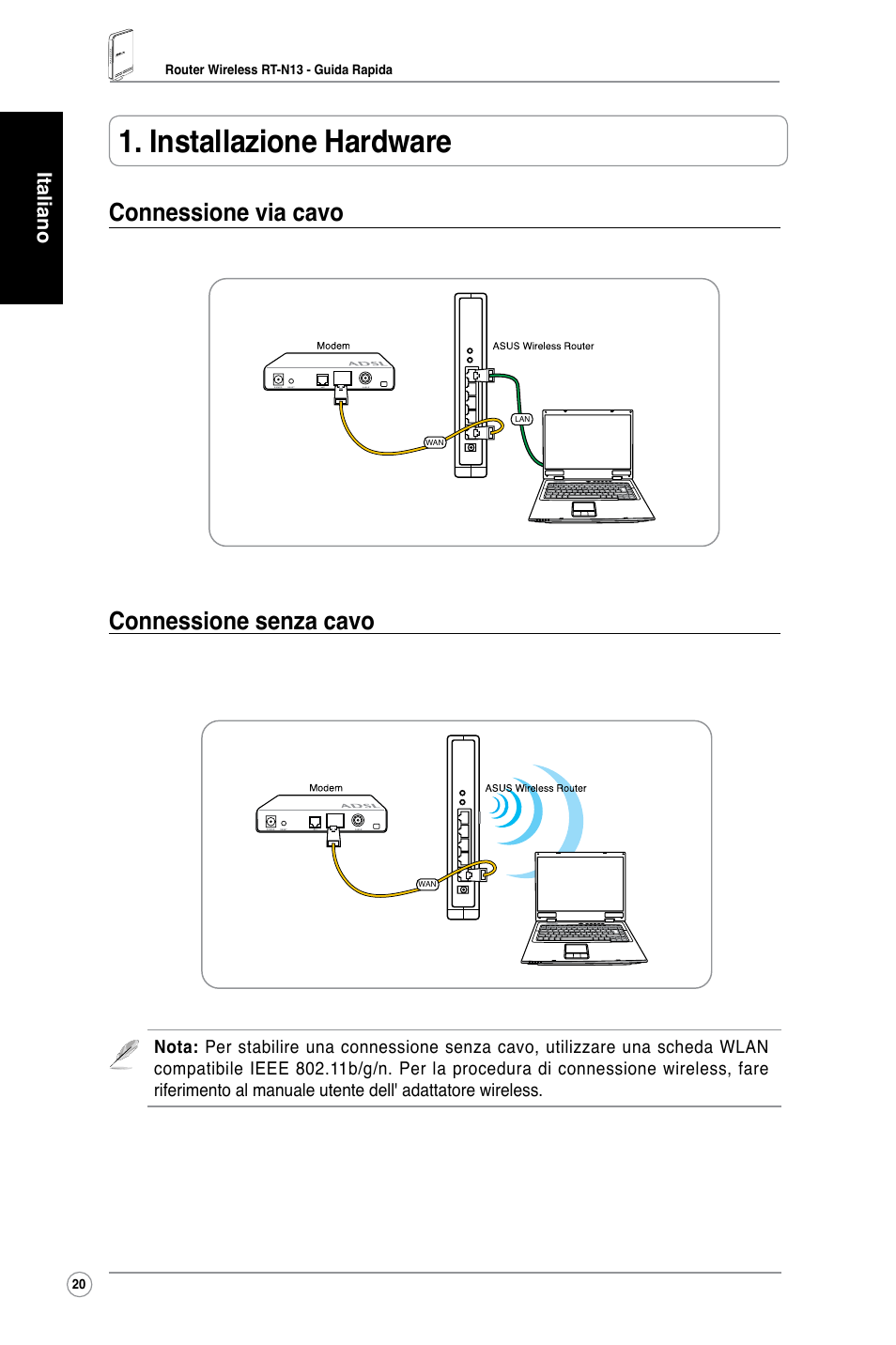 Installazione hardware, Connessione via cavo connessione senza cavo | Asus RT-N13 User Manual | Page 22 / 65
