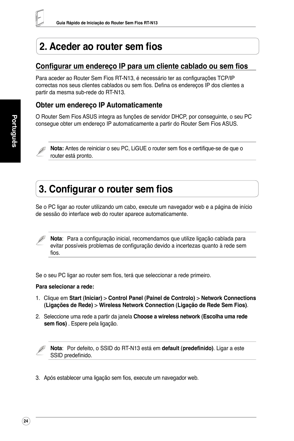 Configurar o router sem fios, Aceder ao router sem fios, Obter um endereço ip automaticamente | Asus RT-N13 User Manual | Page 26 / 65