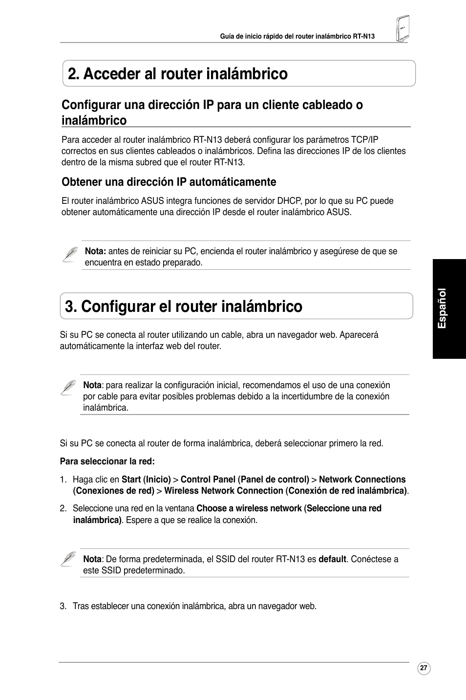 Acceder al router inalámbrico, Configurar el router inalámbrico, Obtener una dirección ip automáticamente | Asus RT-N13 User Manual | Page 29 / 65