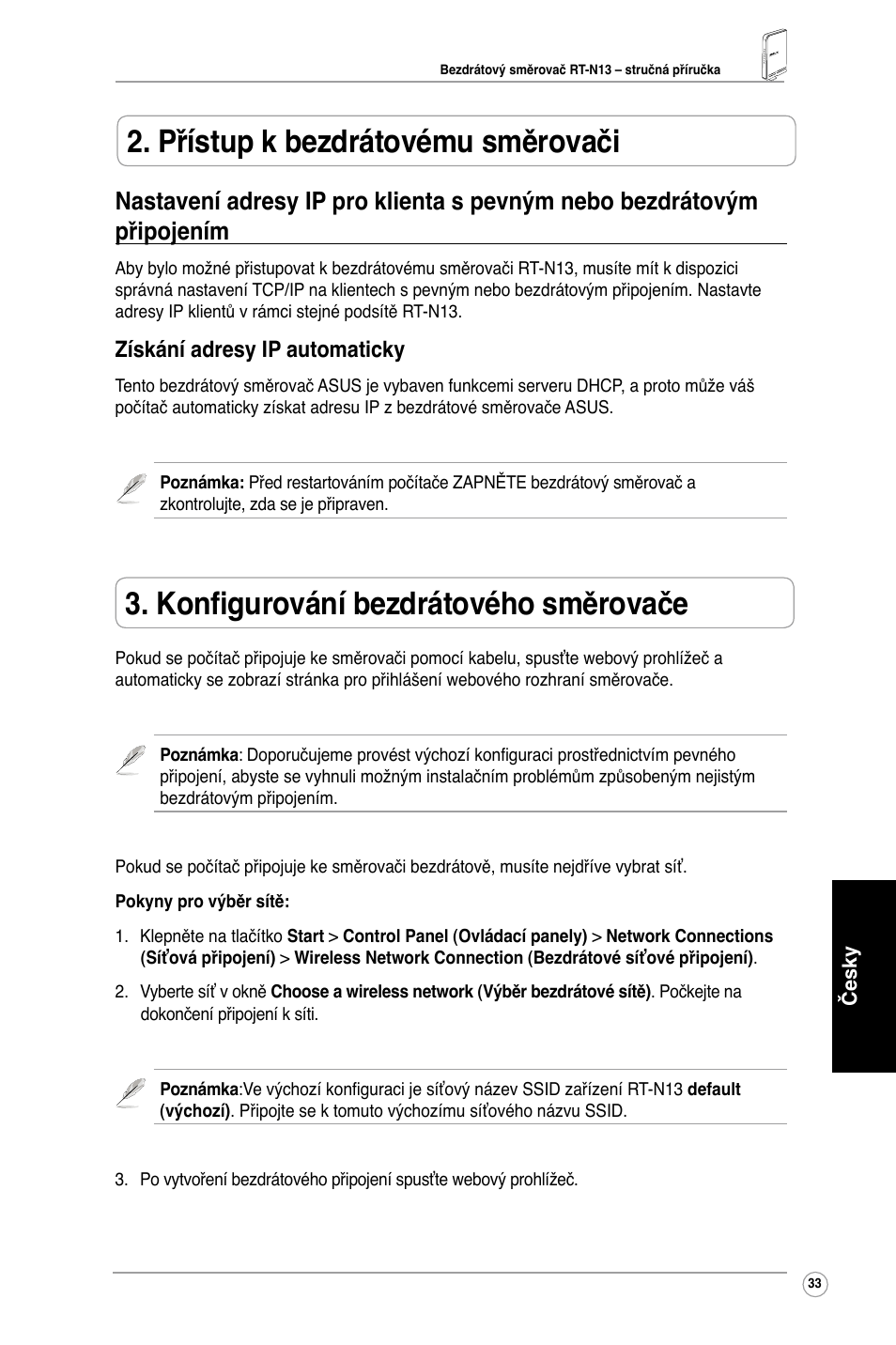 Přístup k bezdrátovému směrovači, Konfigurování bezdrátového směrovače, Získání adresy ip automaticky | Asus RT-N13 User Manual | Page 35 / 65