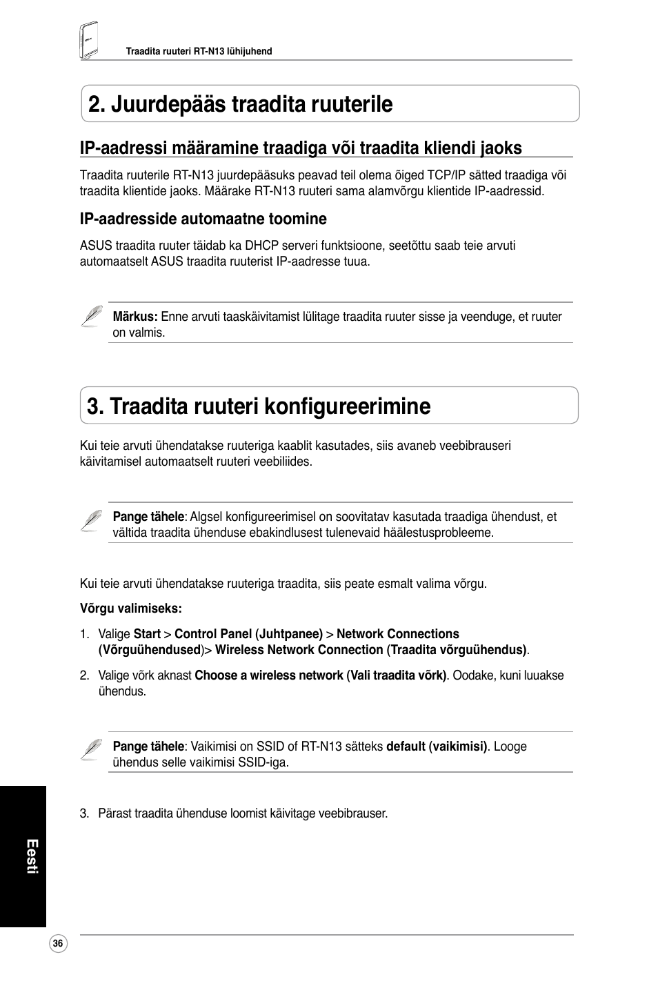 Traadita ruuteri konfigureerimine, Juurdepääs traadita ruuterile, Ip-aadresside automaatne toomine | Asus RT-N13 User Manual | Page 38 / 65