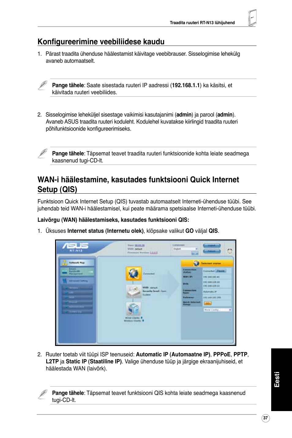 Konfigureerimine veebiliidese kaudu | Asus RT-N13 User Manual | Page 39 / 65