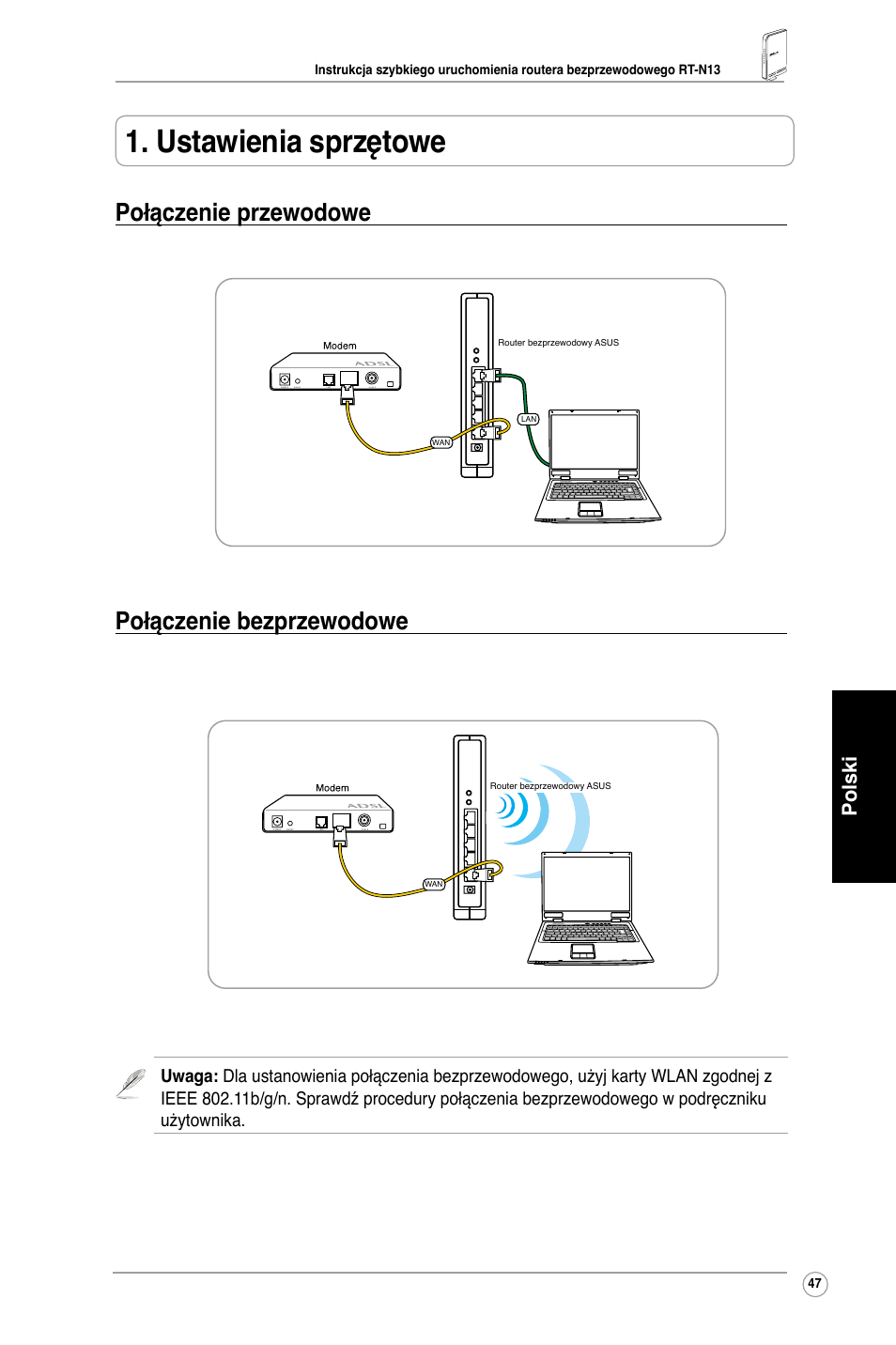 Ustawienia sprzętowe, Połączenie przewodowe połączenie bezprzewodowe, Polski | Asus RT-N13 User Manual | Page 49 / 65