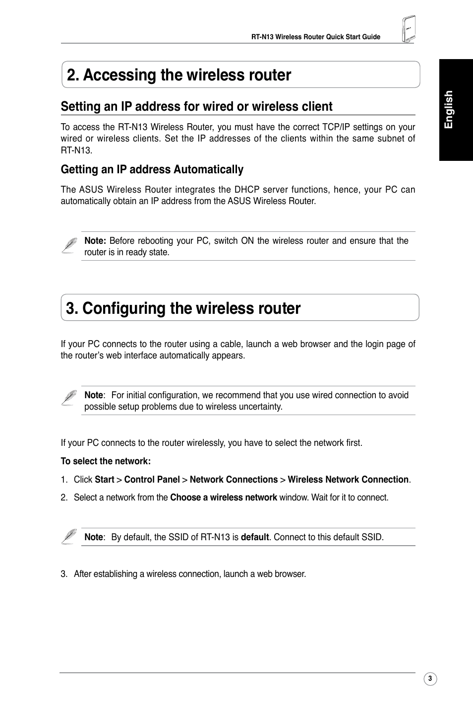 Accessing the wireless router, Configuring the wireless router, Setting an ip address for wired or wireless client | Getting an ip address automatically | Asus RT-N13 User Manual | Page 5 / 65