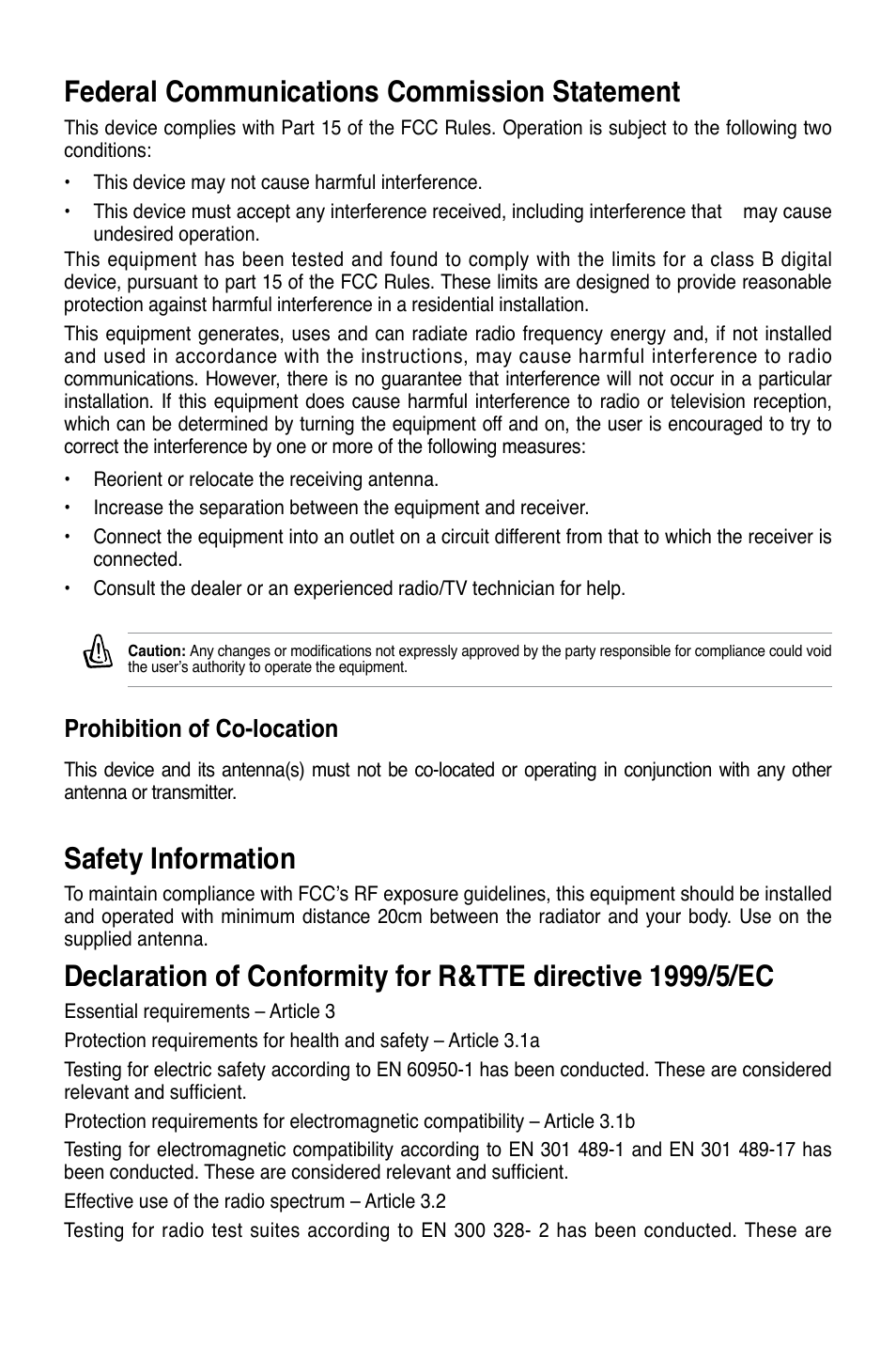 Federal communications commission statement, Safety information, Prohibition of co-location | Asus RT-N13 User Manual | Page 64 / 65