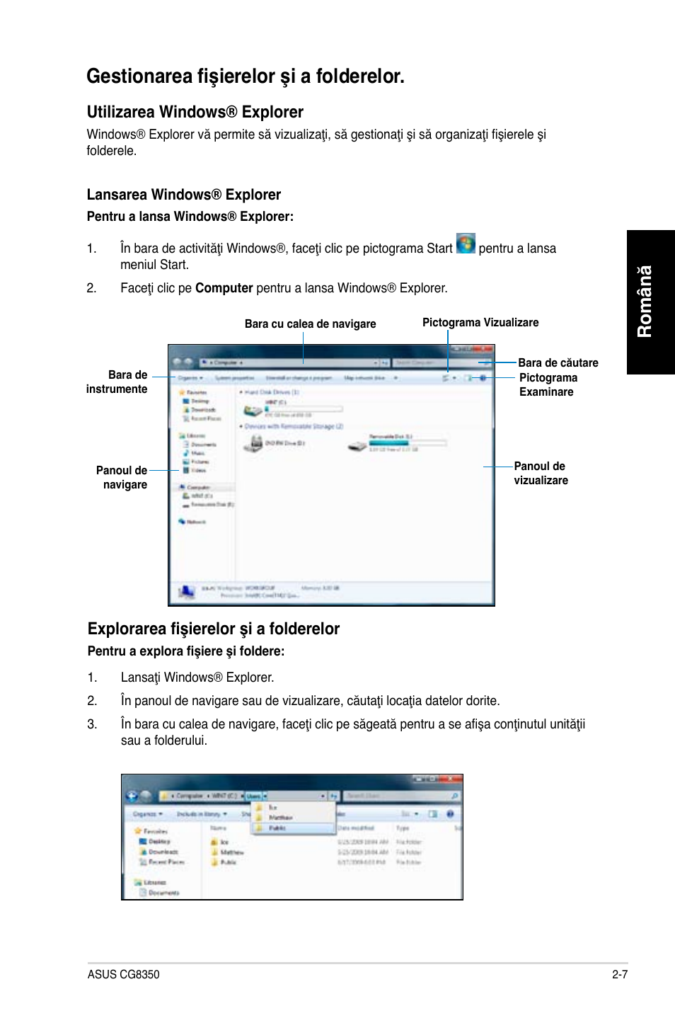 Gestionarea fişierelor şi a folderelor, Gestionarea fişierelor şi a folderelor -7, Română | Utilizarea windows® explorer, Explorarea fişierelor şi a folderelor | Asus CG8350 User Manual | Page 101 / 227