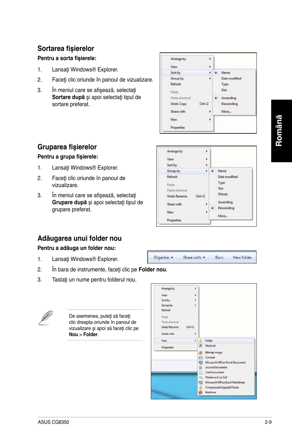 Română, Sortarea fişierelor, Gruparea fişierelor | Adăugarea unui folder nou | Asus CG8350 User Manual | Page 103 / 227