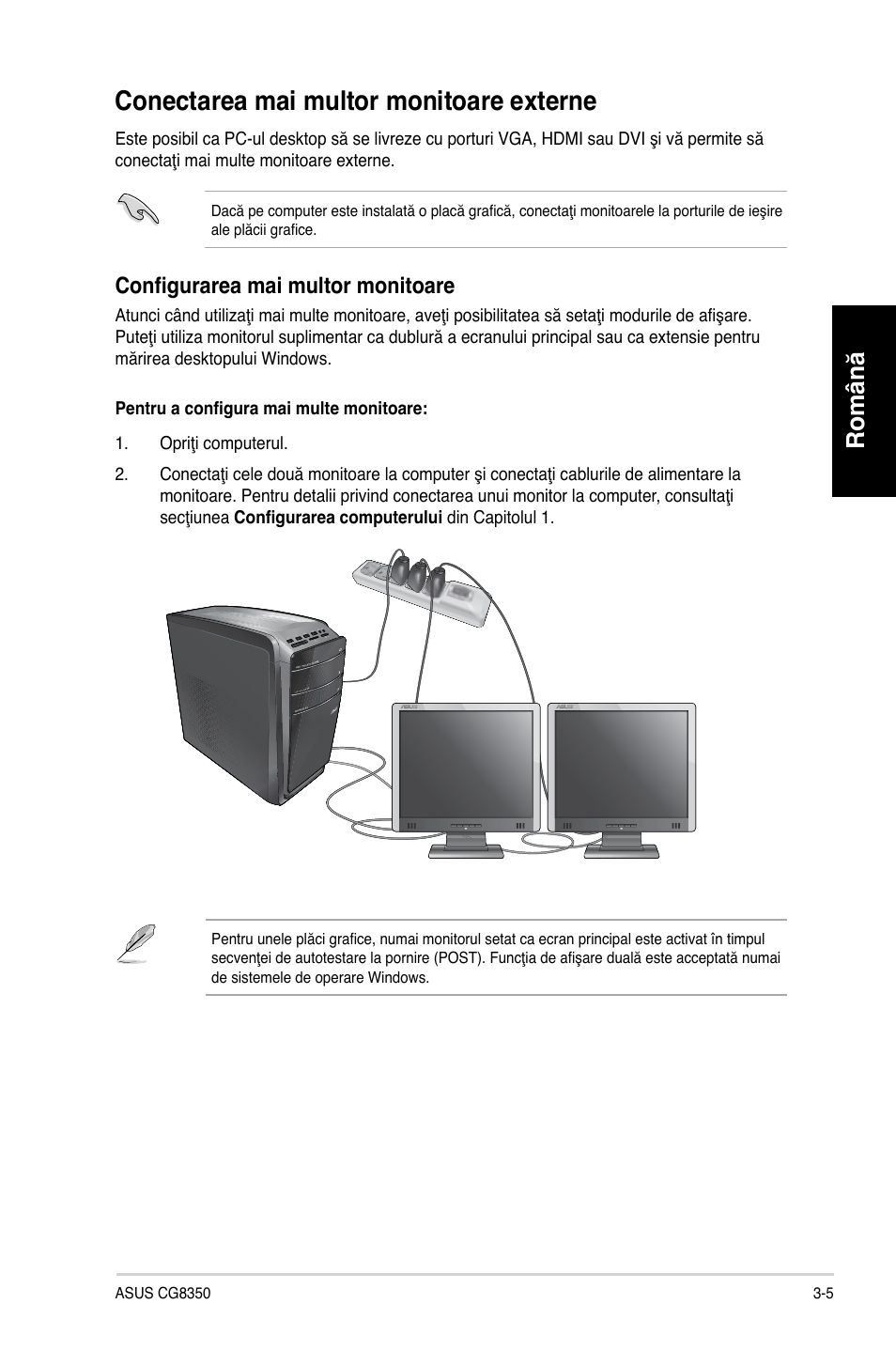 Conectarea mai multor monitoare externe, Conectarea mai multor monitoare externe -5, Română | Configurarea mai multor monitoare | Asus CG8350 User Manual | Page 115 / 227