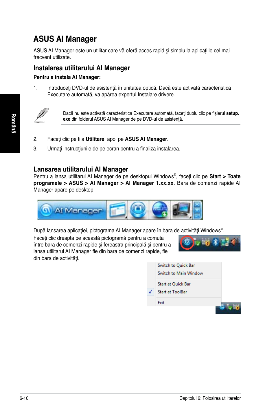 Asus ai manager, Asus ai manager -10, Instalarea utilitarului ai manager | Lansarea utilitarului ai manager | Asus CG8350 User Manual | Page 134 / 227