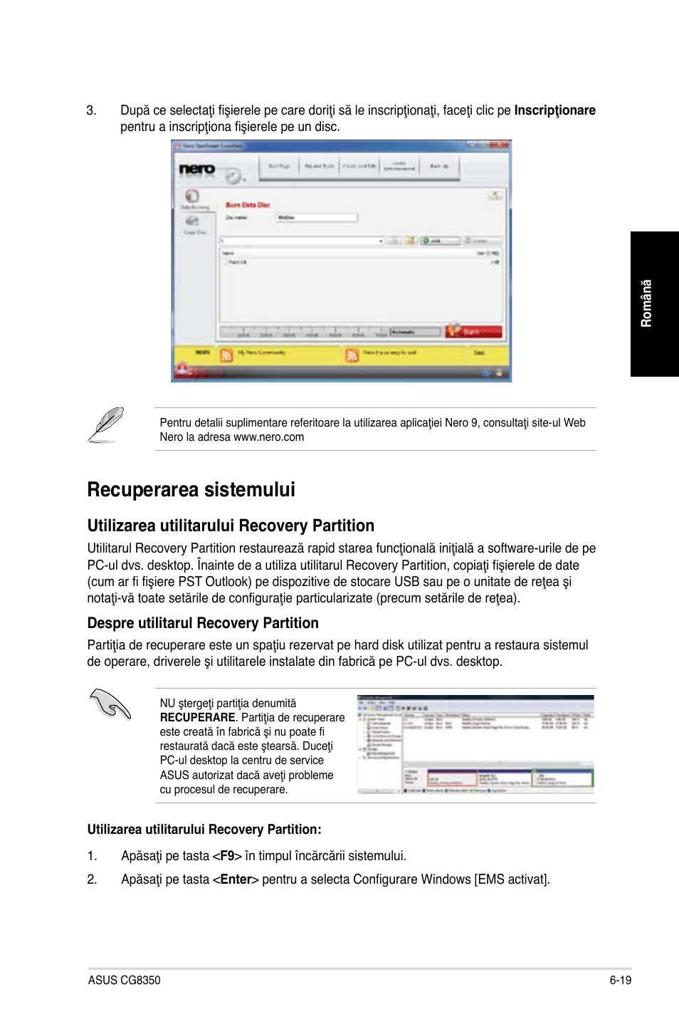 Recuperarea sistemului, Recuperarea sistemului -19, Utilizarea utilitarului recovery partition | Asus CG8350 User Manual | Page 143 / 227