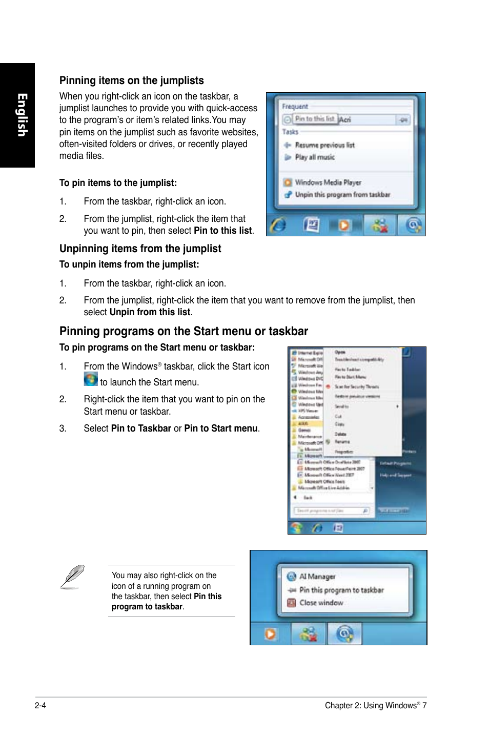 English, Pinning programs on the start menu or taskbar | Asus CG8350 User Manual | Page 22 / 227