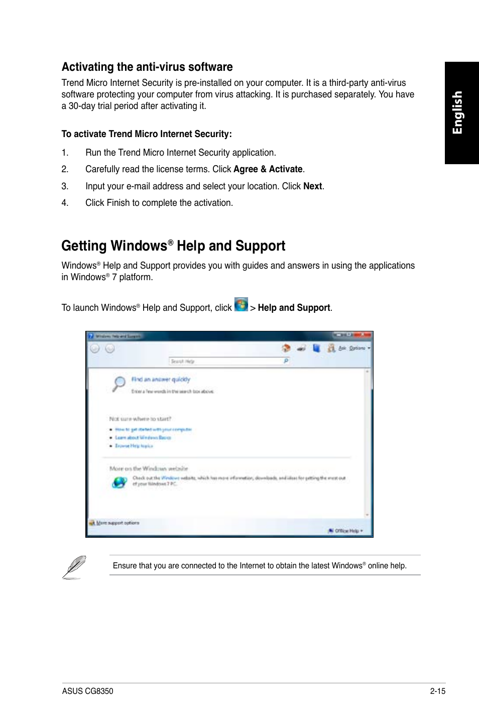 Getting windows® help and support, Getting windows, Help and support -15 | Help and support, English, Activating the anti-virus software | Asus CG8350 User Manual | Page 33 / 227