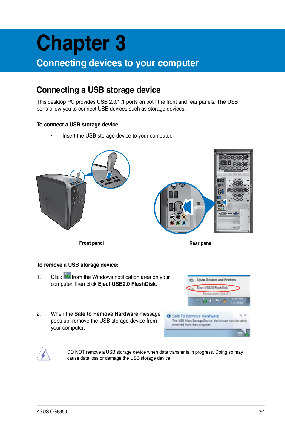 Chapter 3, Connecting devices to your computer, Connecting a usb storage device | Connecting a usb storage device -1 | Asus CG8350 User Manual | Page 35 / 227