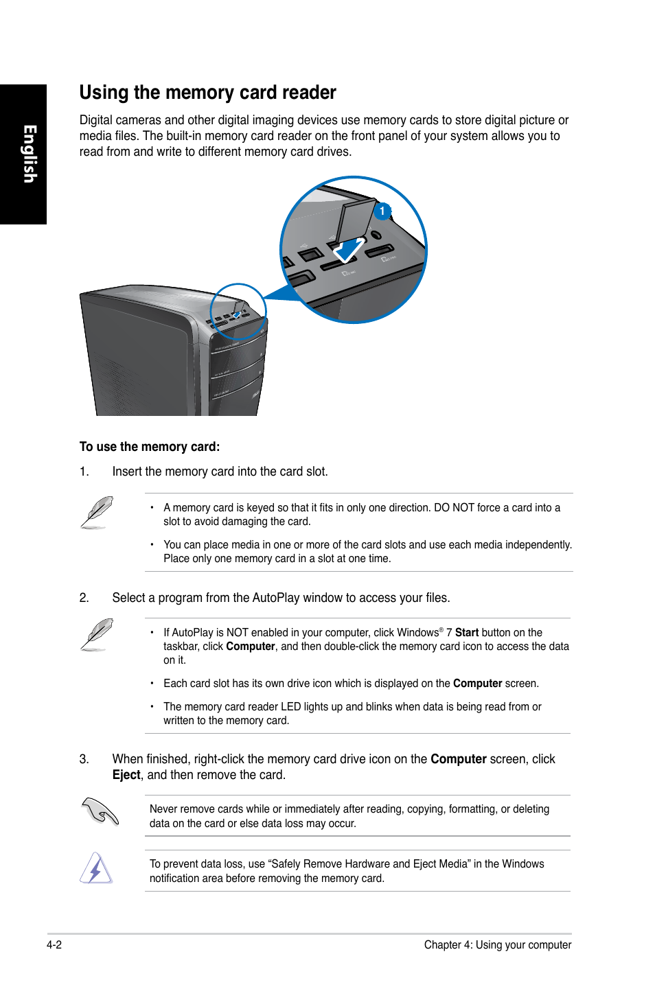 Using the memory card reader, Using the memory card reader -2, English | Asus CG8350 User Manual | Page 44 / 227