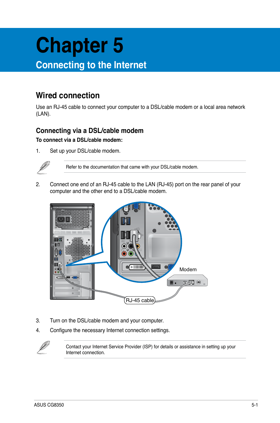 Chapter 5, Connecting to the internet, Wired connection | Wired connection -1 | Asus CG8350 User Manual | Page 47 / 227