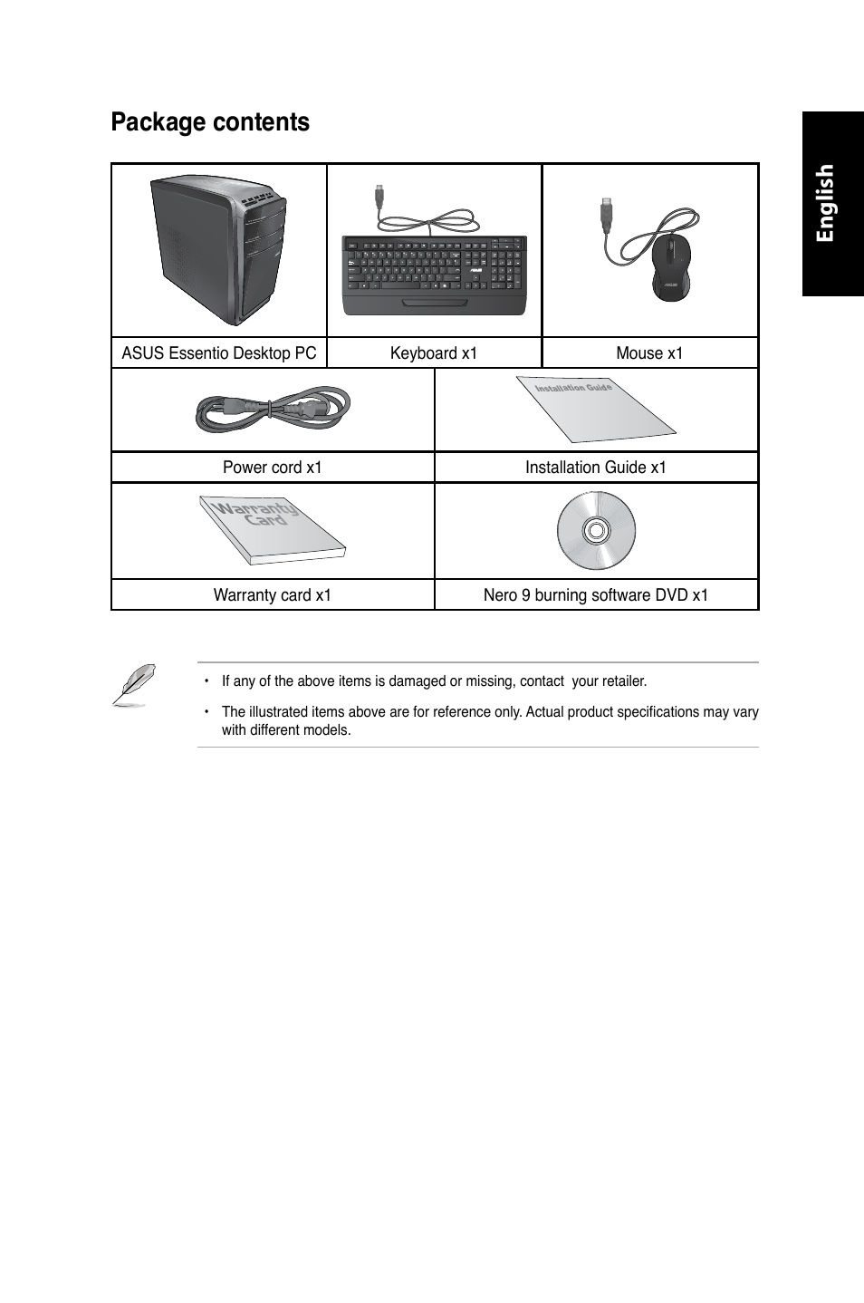 Package contents, English | Asus CG8350 User Manual | Page 9 / 227