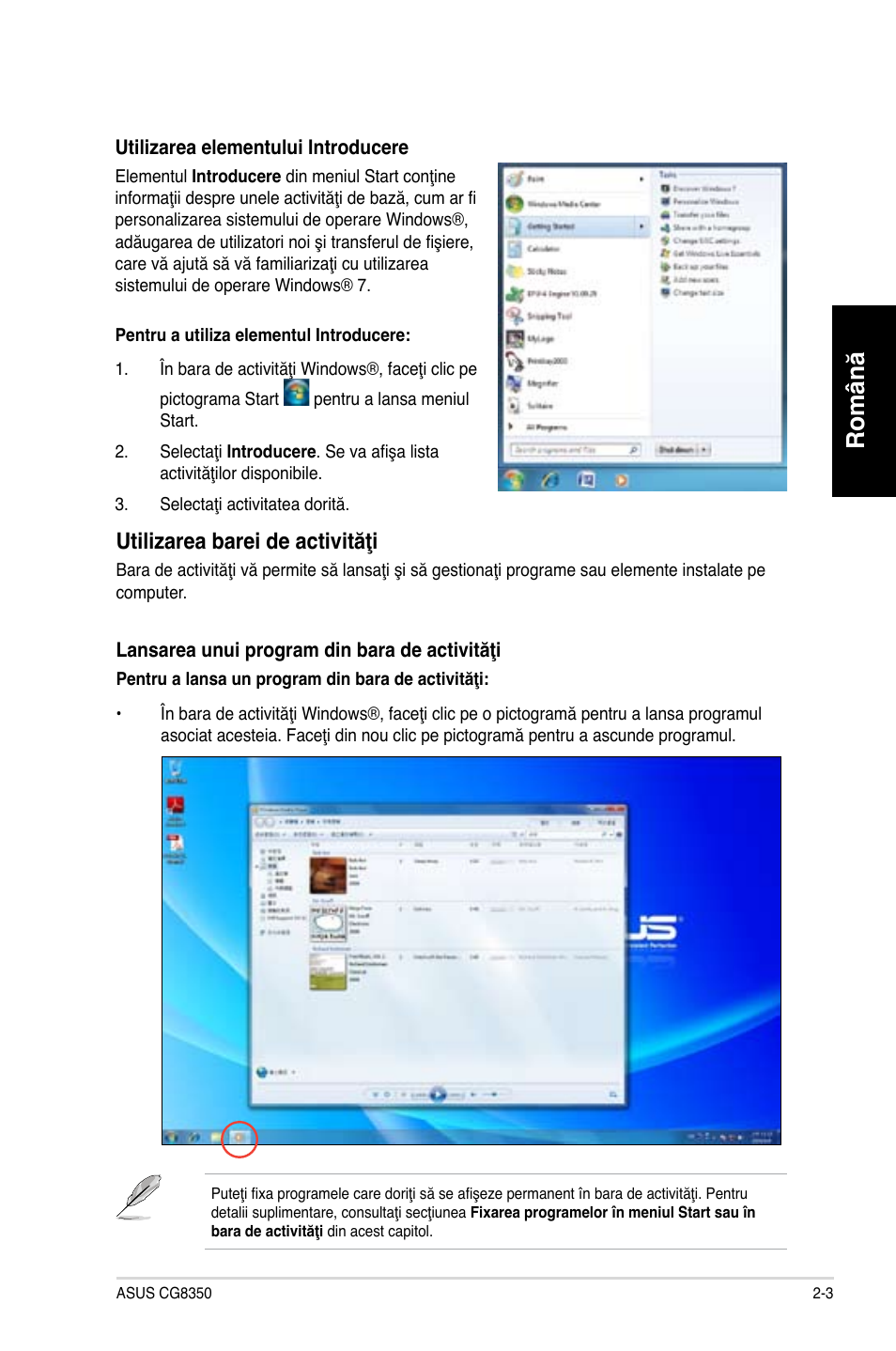 Română, Utilizarea barei de activităţi | Asus CG8350 User Manual | Page 97 / 227