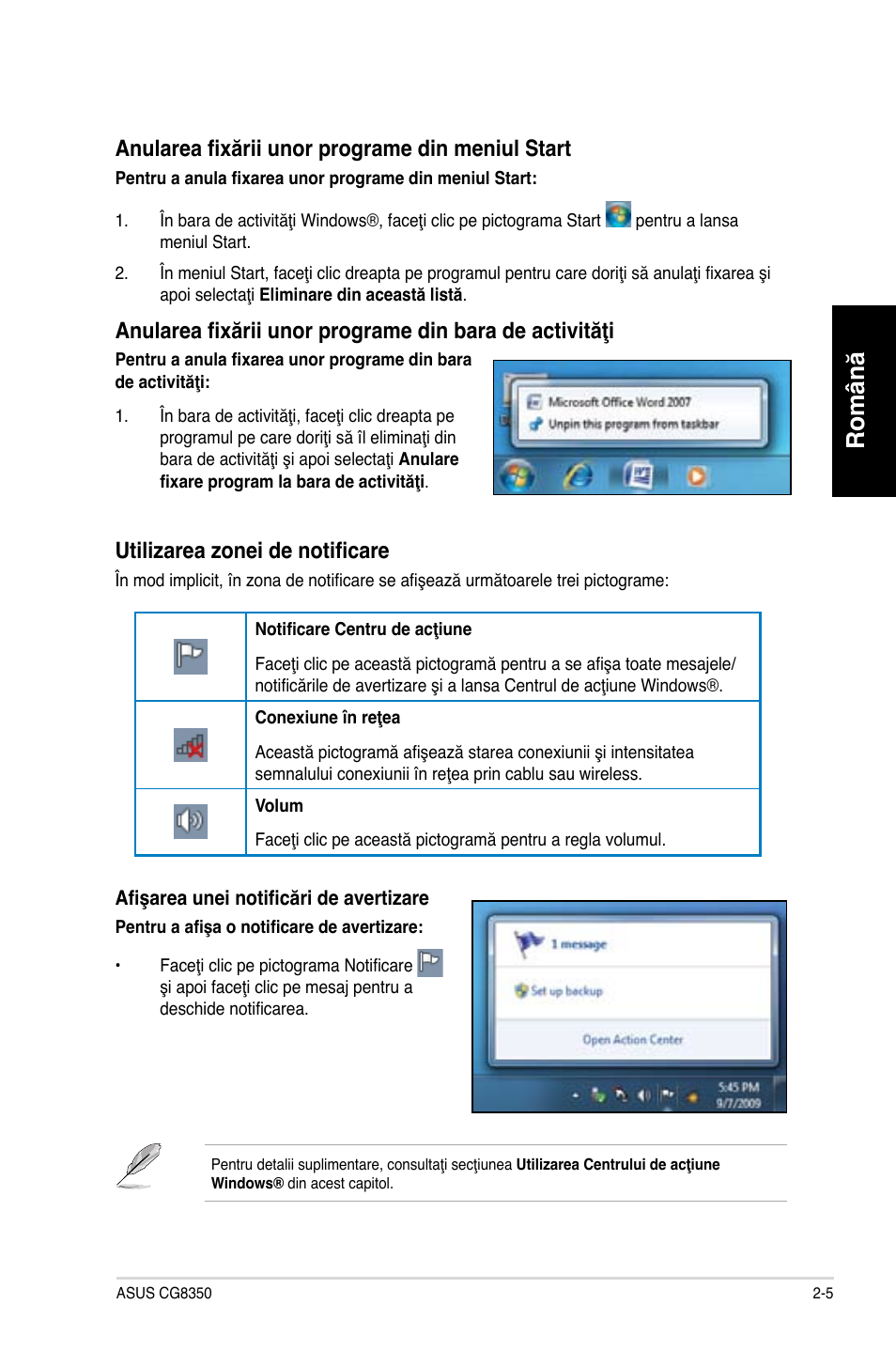 Română, Anularea fixării unor programe din meniul start, Utilizarea zonei de notificare | Asus CG8350 User Manual | Page 99 / 227