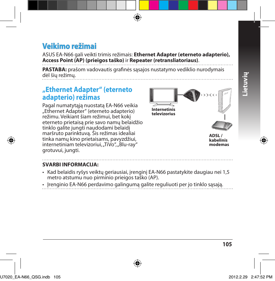 Veikimo režimai, Ethernet adapter“ (eterneto adapterio) režimas, Lietuvių | Asus EA-N66 User Manual | Page 105 / 170