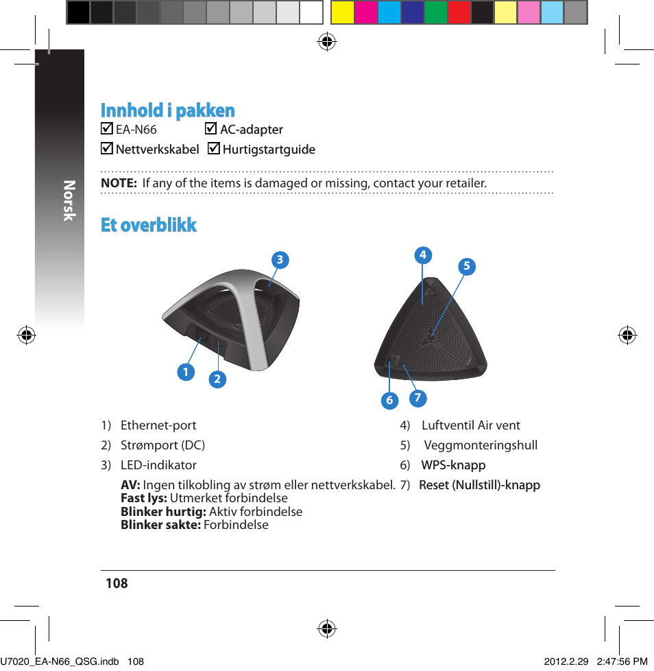 Et overblikk, Innhold i pakken, Norsk | Asus EA-N66 User Manual | Page 108 / 170