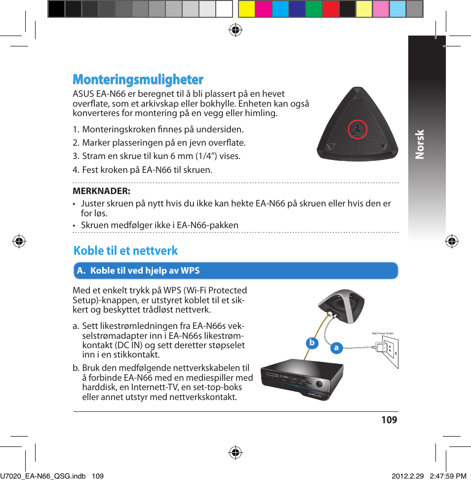 Monteringsmuligheter, Koble til et nettverk, Norsk | Asus EA-N66 User Manual | Page 109 / 170