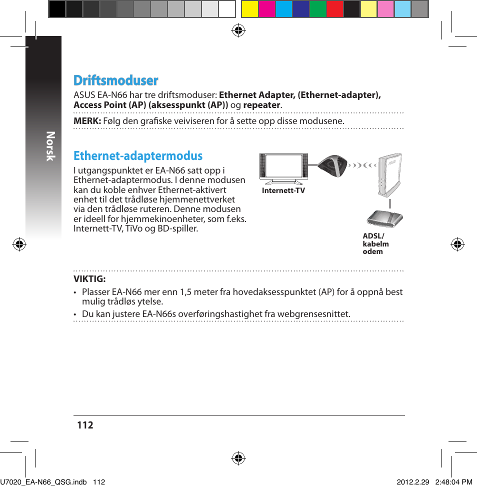 Driftsmoduser, Ethernet-adaptermodus, Norsk | Asus EA-N66 User Manual | Page 112 / 170