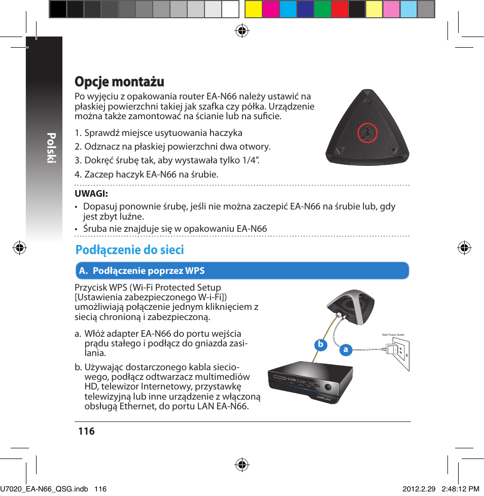 Opcje montażu, Podłąc��enie do sieci, Polsk i | Asus EA-N66 User Manual | Page 116 / 170