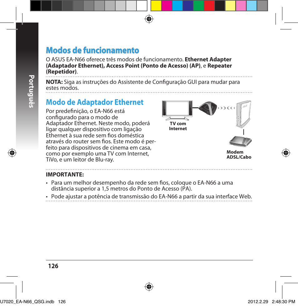 Modos de funcionamento, Modo de adaptador ethernet, Por tuguês | Asus EA-N66 User Manual | Page 126 / 170