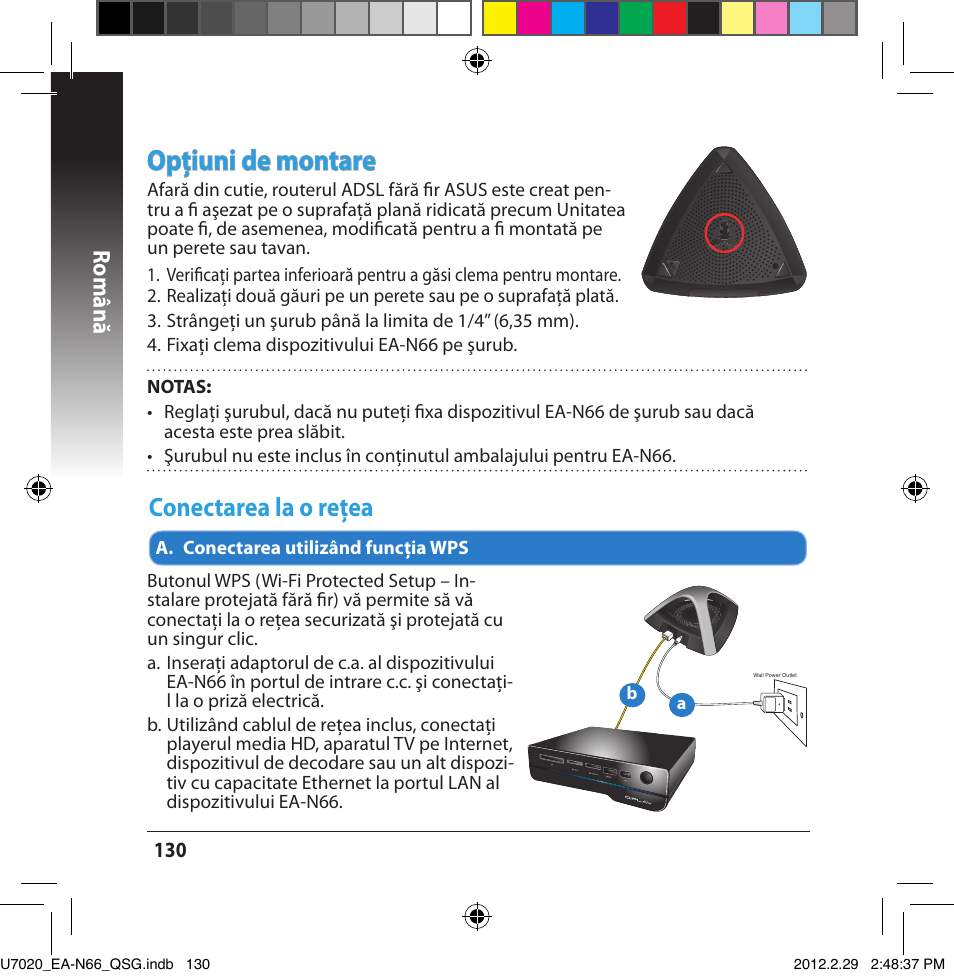 Opţiuni de montare, Conectarea la o reţea, Română | Asus EA-N66 User Manual | Page 130 / 170