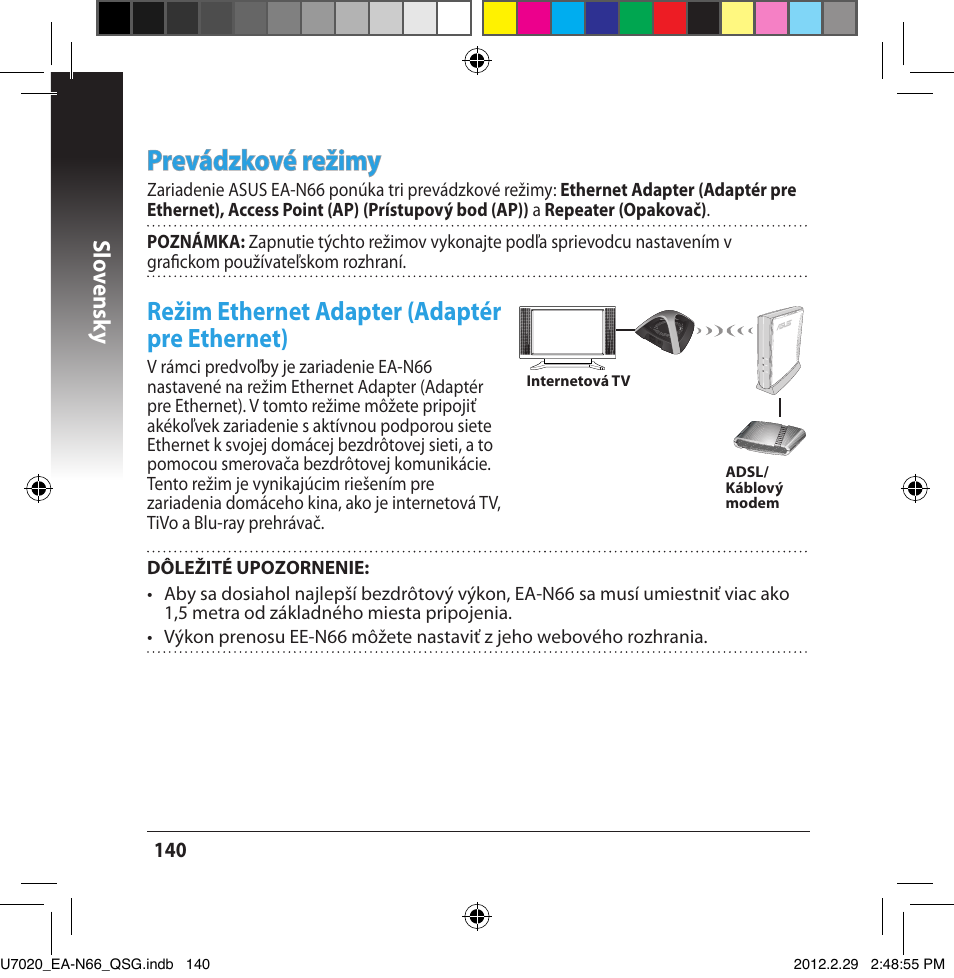 Prevád��kové režimy, Režim ethernet adapter (adaptér pre ethernet), Slo vensk y | Asus EA-N66 User Manual | Page 140 / 170