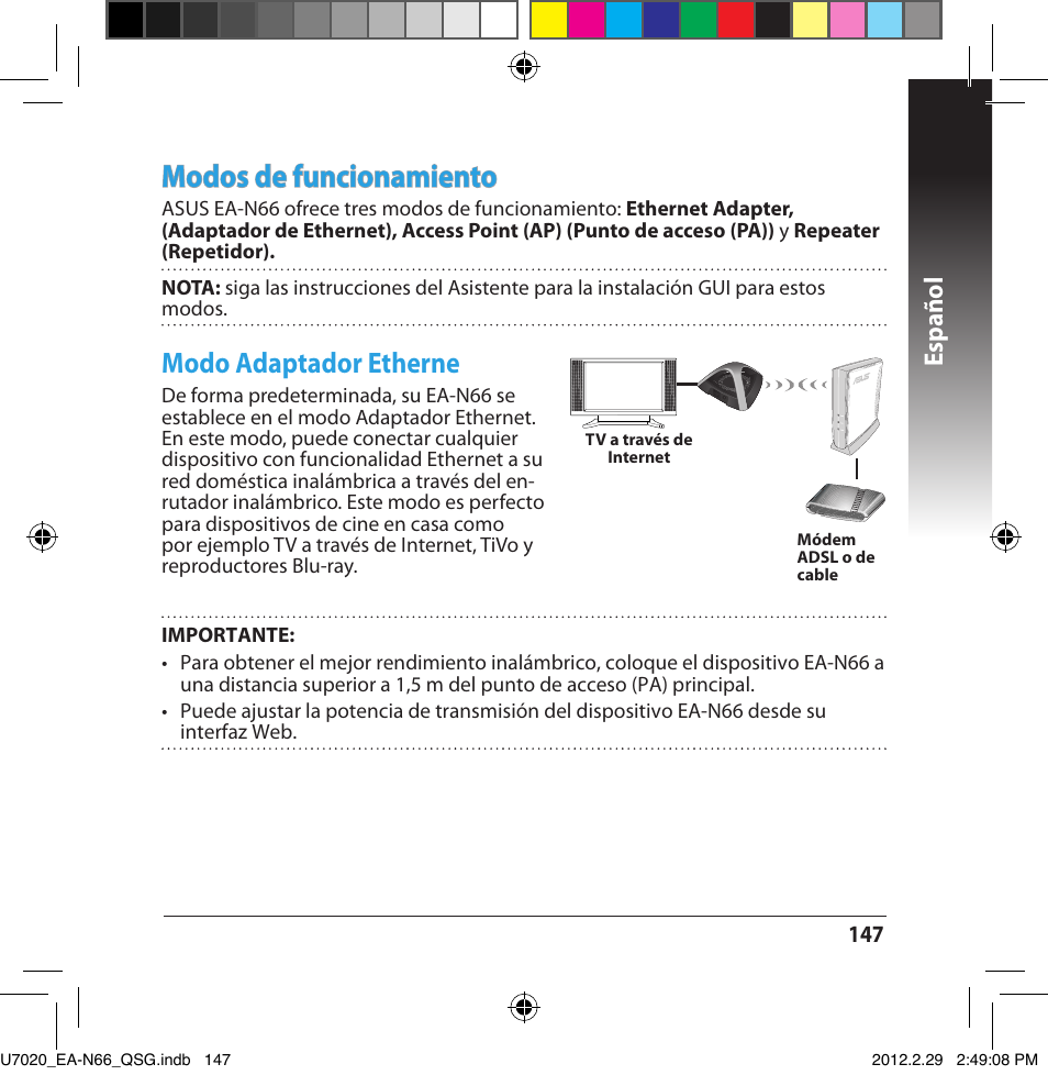 Modos de funcionamiento, Modo adaptador etherne, Español | Asus EA-N66 User Manual | Page 147 / 170