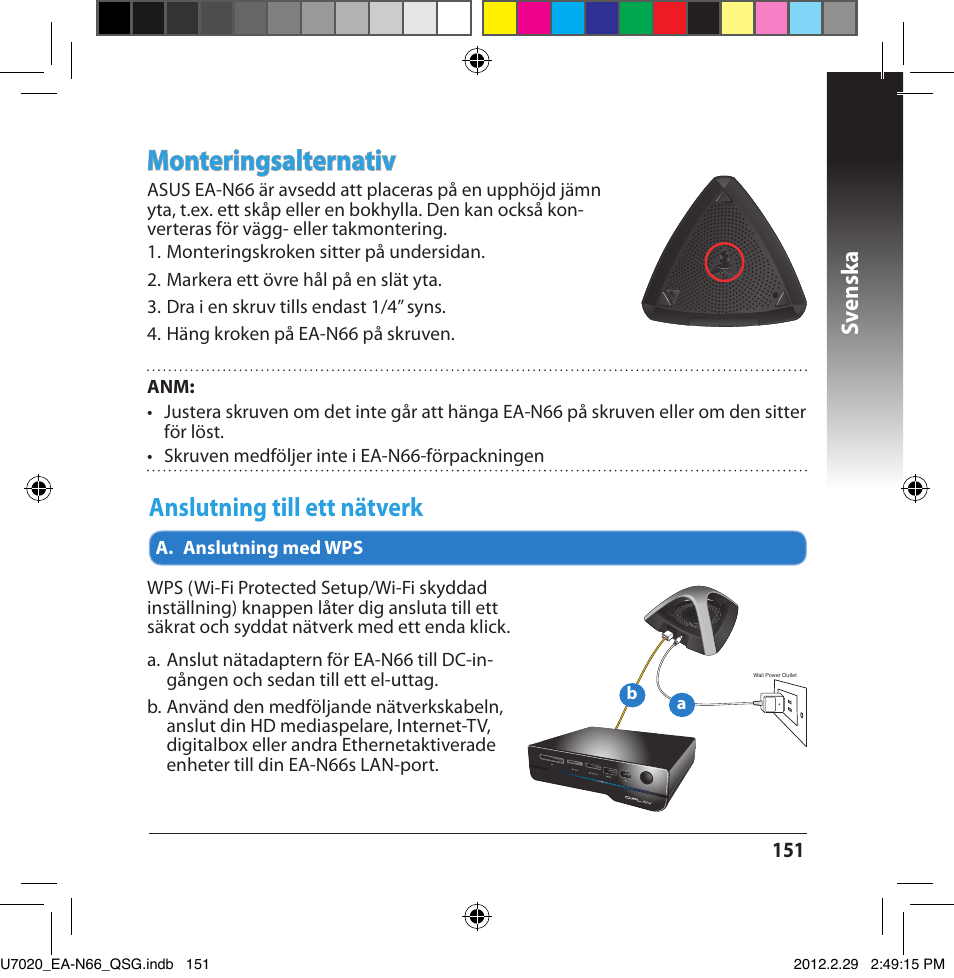 Monteringsalternativ, Anslutning till ett nätverk, Sv ensk a | Asus EA-N66 User Manual | Page 151 / 170