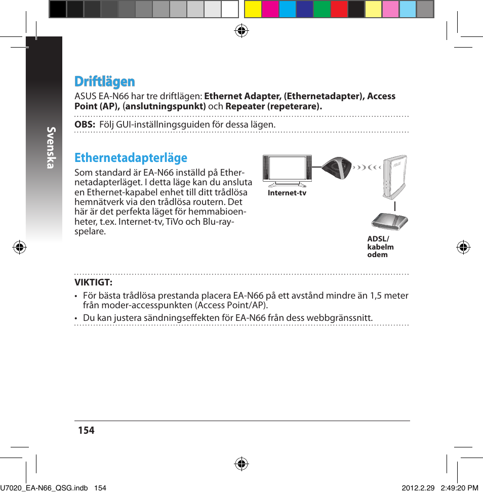 Driftlägen, Ethernetadapterläge, Sv ensk a | Asus EA-N66 User Manual | Page 154 / 170