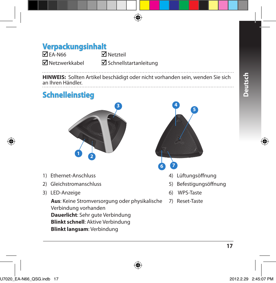 Schnelleinstieg, Verpackungsinhalt, Deutsch | Asus EA-N66 User Manual | Page 17 / 170