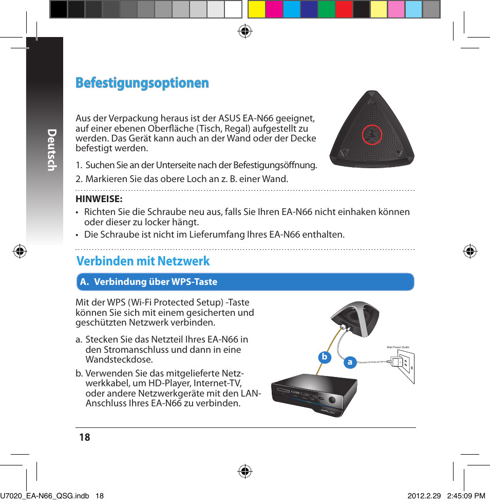 Befestigungsoptionen, Verbinden mit net��werk, Deutsch | Asus EA-N66 User Manual | Page 18 / 170