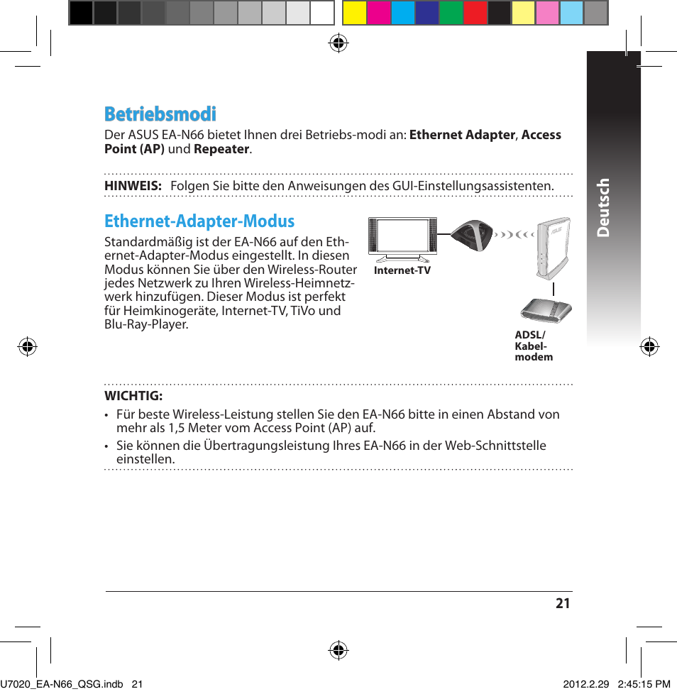 Betriebsmodi, Ethernet-adapter-modus, Deutsch | Asus EA-N66 User Manual | Page 21 / 170