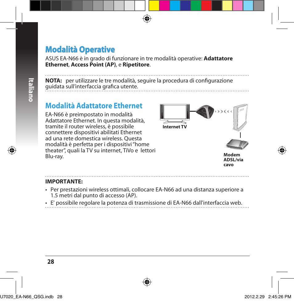 Modalit�� operative, Modalit�� adattatore ethernet, Italiano | Asus EA-N66 User Manual | Page 28 / 170