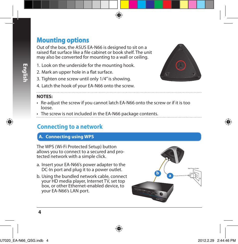 Mounting options, Connecting to a network, English | Asus EA-N66 User Manual | Page 4 / 170