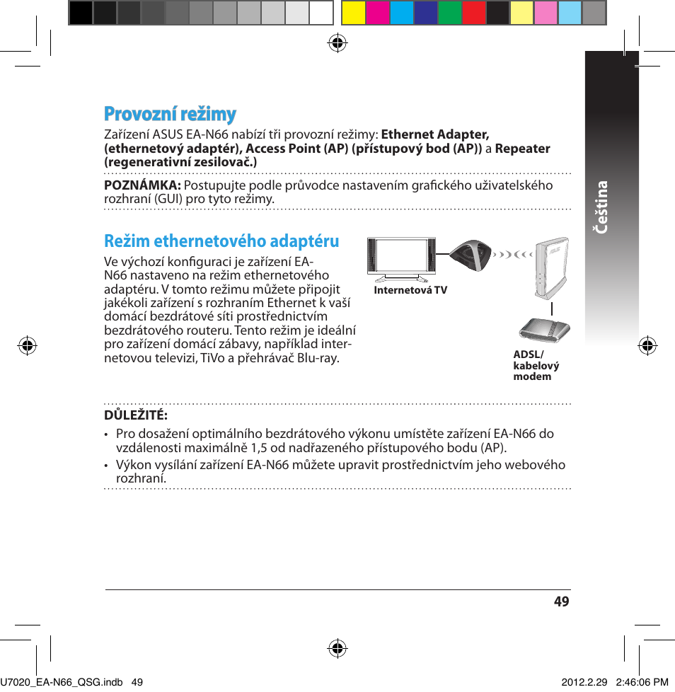 Provo��ní režimy, Režim ethernetového adaptéru, Čeština | Asus EA-N66 User Manual | Page 49 / 170