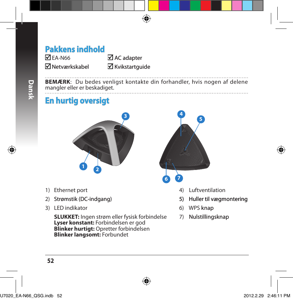 En hurtig oversigt, Pakkens indhold, Dansk | Asus EA-N66 User Manual | Page 52 / 170